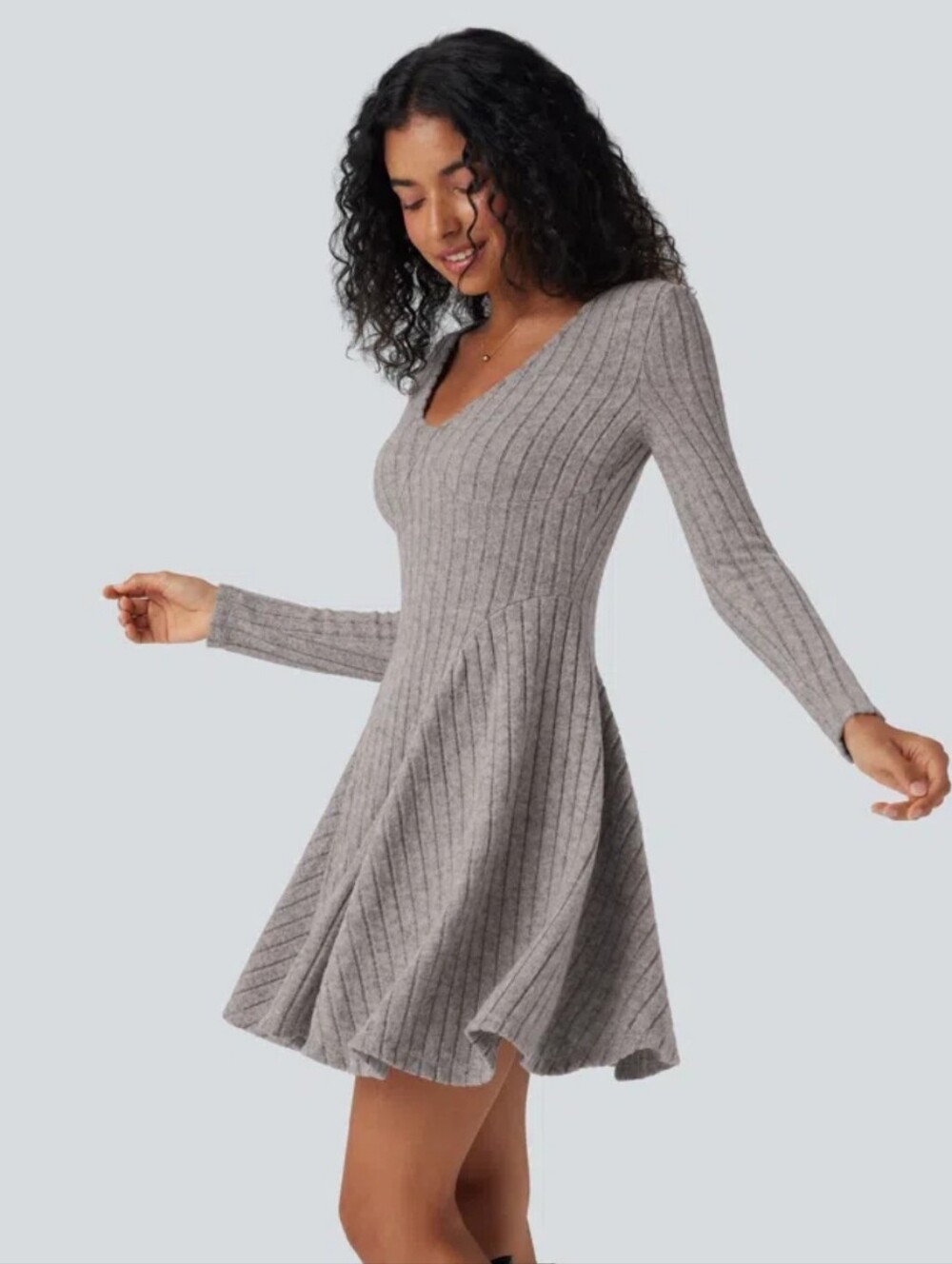 HALARA Ribbed V-Neck Long Sleeve Heathered Dress
